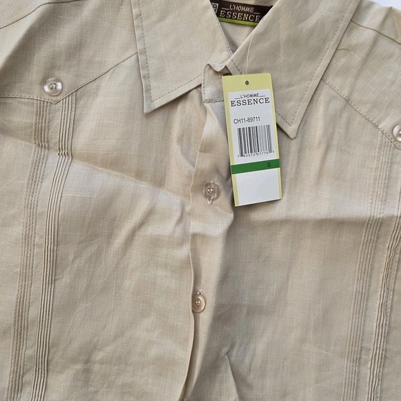Men's Guayabera Casual Shirt Small S Embroidery Trim Long Sleeves Beige Tan - Picture 4 of 13